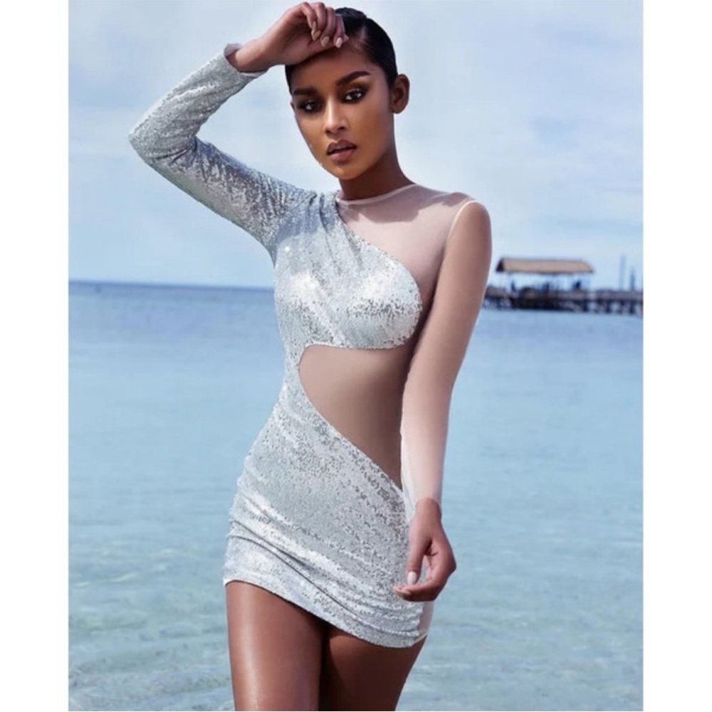 RARE House Of CB 'Zia' Nude and Silver Sequin Long Sleeve Mini Dress NWT